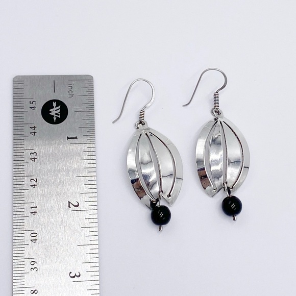 Taxco 925 Sterling Silver Modernist Black Onyx Dangle Earrings - Picture 7 of 9